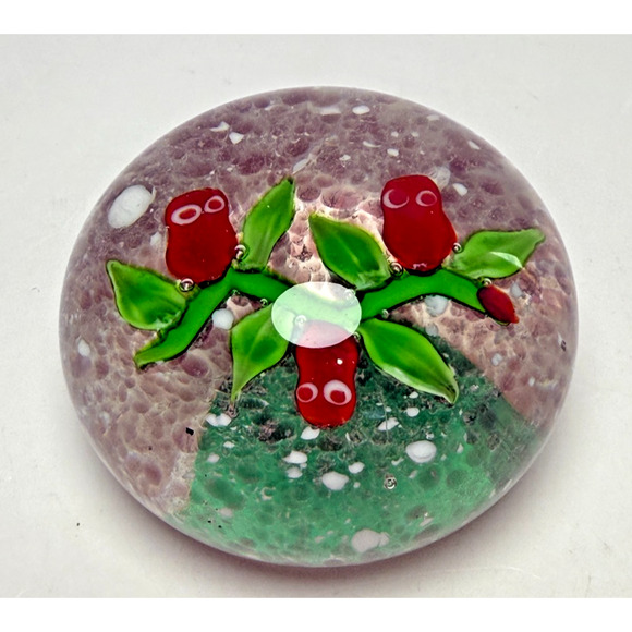 Handmade Art Glass Paperweight Red Owls Bird on Green Branch Hand Blown Glass - Picture 1 of 4